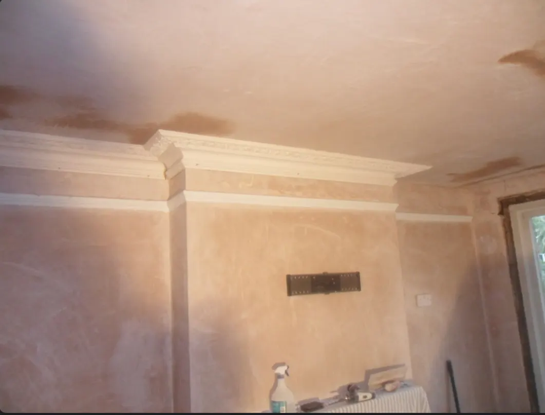 Newly plastered ceiling with restored decorative cornice and column detailing