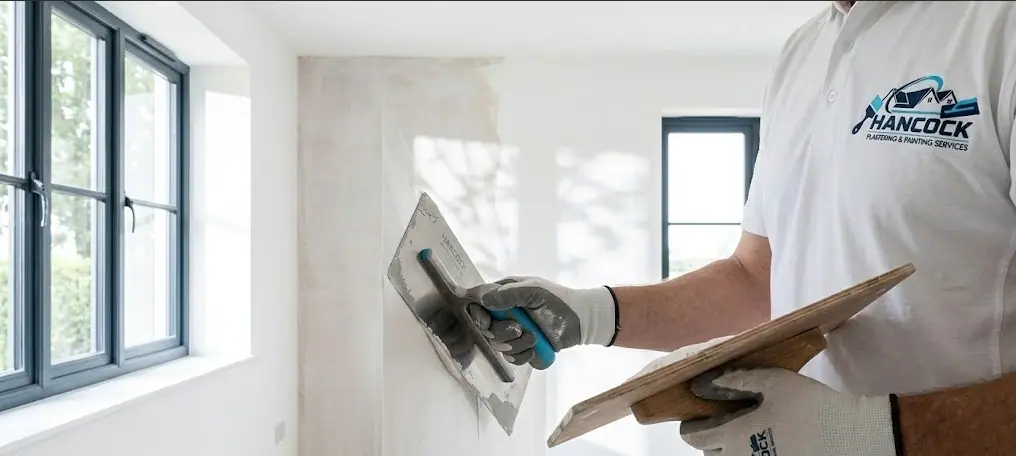 Hancock plasterer in branded polo shirt applying skim plaster to a wall