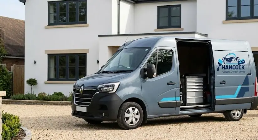 Hancock Plastering branded van parked outside a residential property