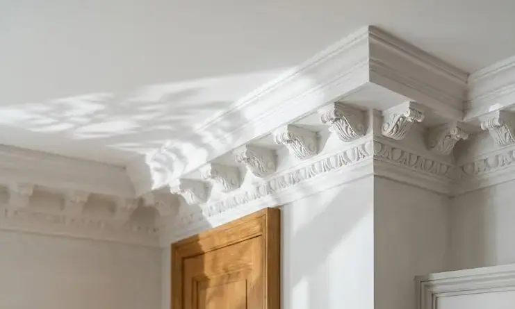 Ornate white plaster cornice and ceiling detail — Hancock plaster refurbishment