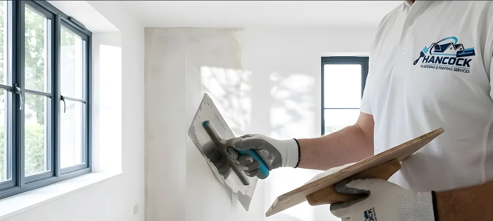 Hancock plasterer in branded polo shirt applying skim plaster to a wall
