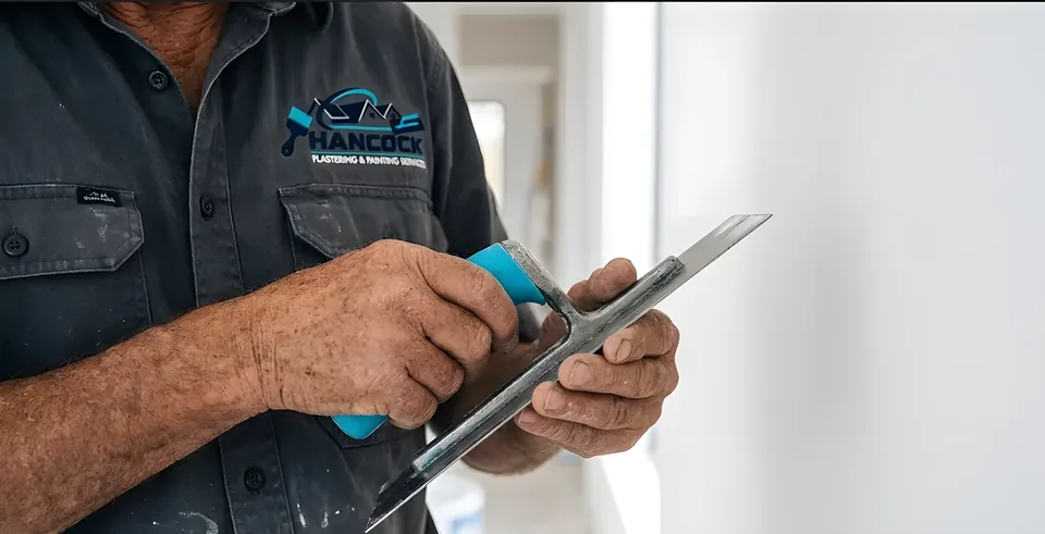 Hancock tradesperson holding a steel trowel in branded workwear