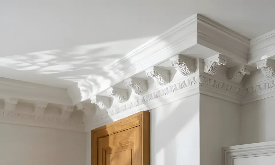 Ornate white plaster cornice and ceiling detail, Hancock plaster refurbishment