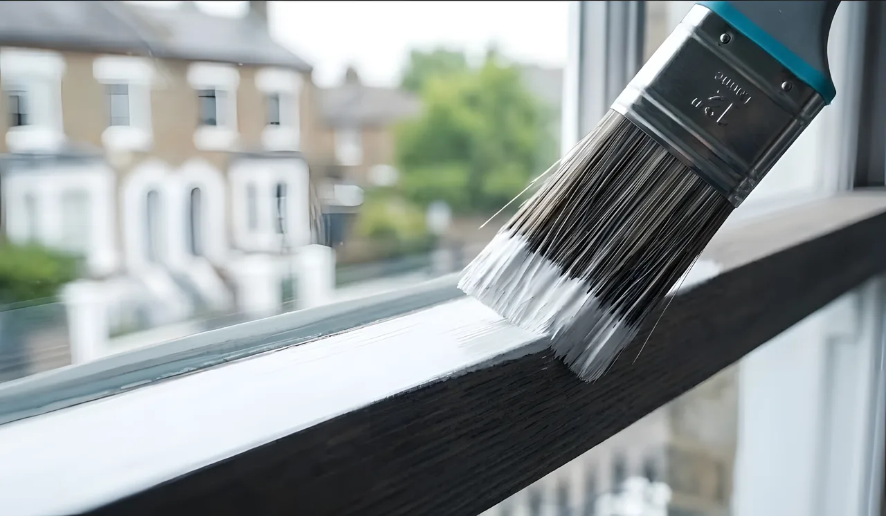 Painting a window frame with a brush, Victorian terraces beyond Painting a window frame with a brush, Victorian terraces beyond