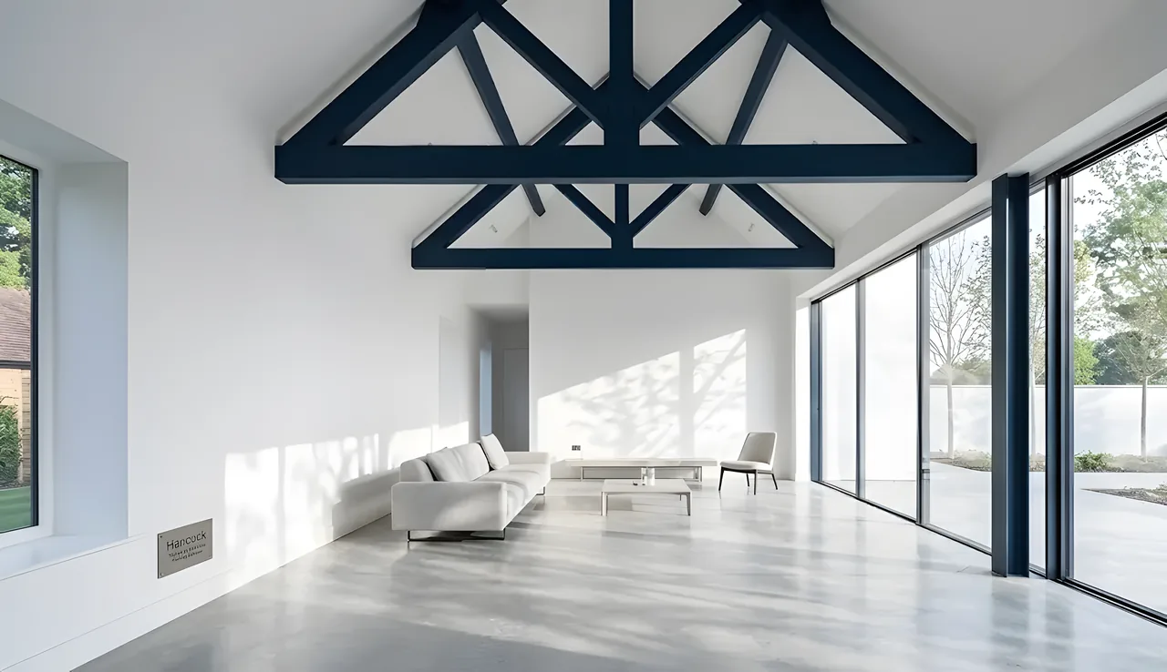 Immaculate white interior with exposed dark roof trusses, plastering by Hancock Immaculate white interior with exposed dark roof trusses, plastering by Hancock