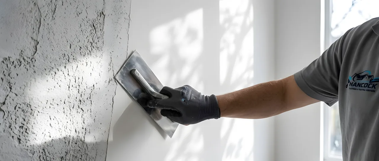 Applying scratch coat render to an external wall, Hancock rendering service