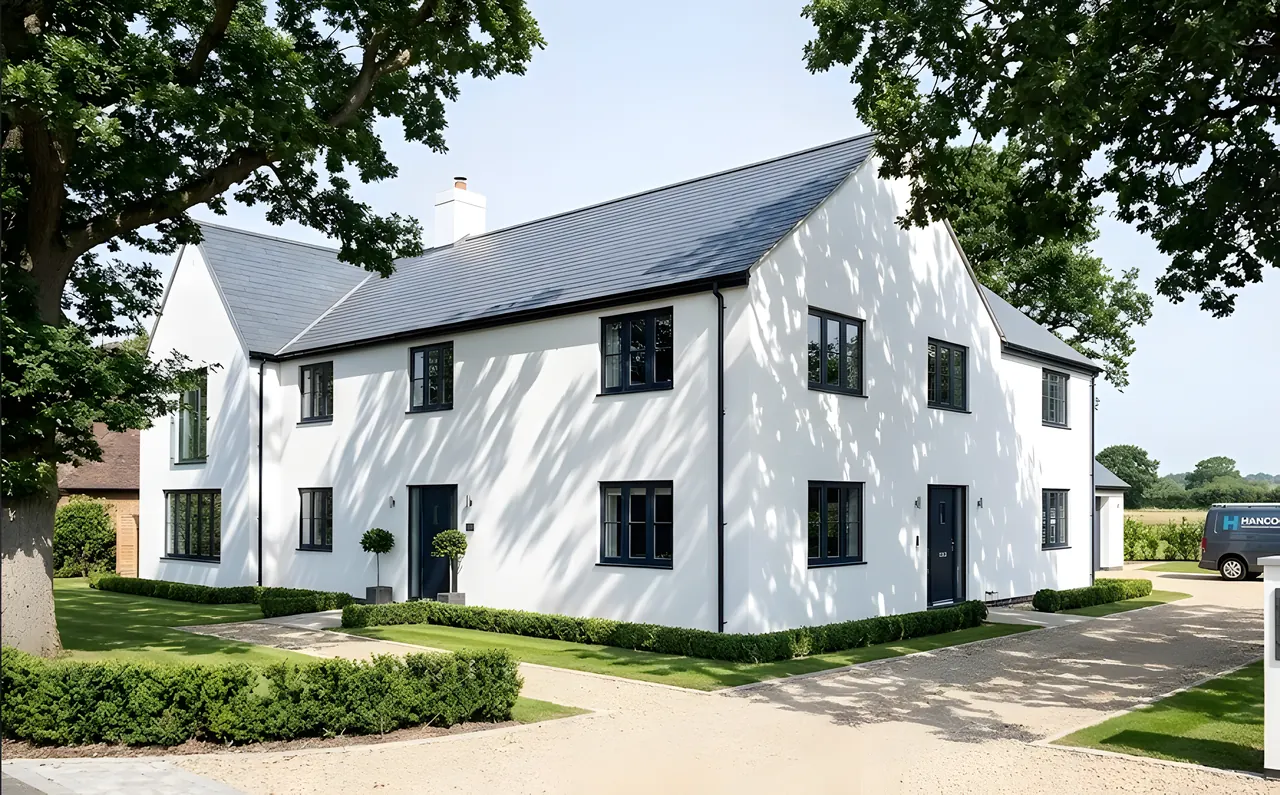 Freshly rendered and painted white detached house with a gravel drive