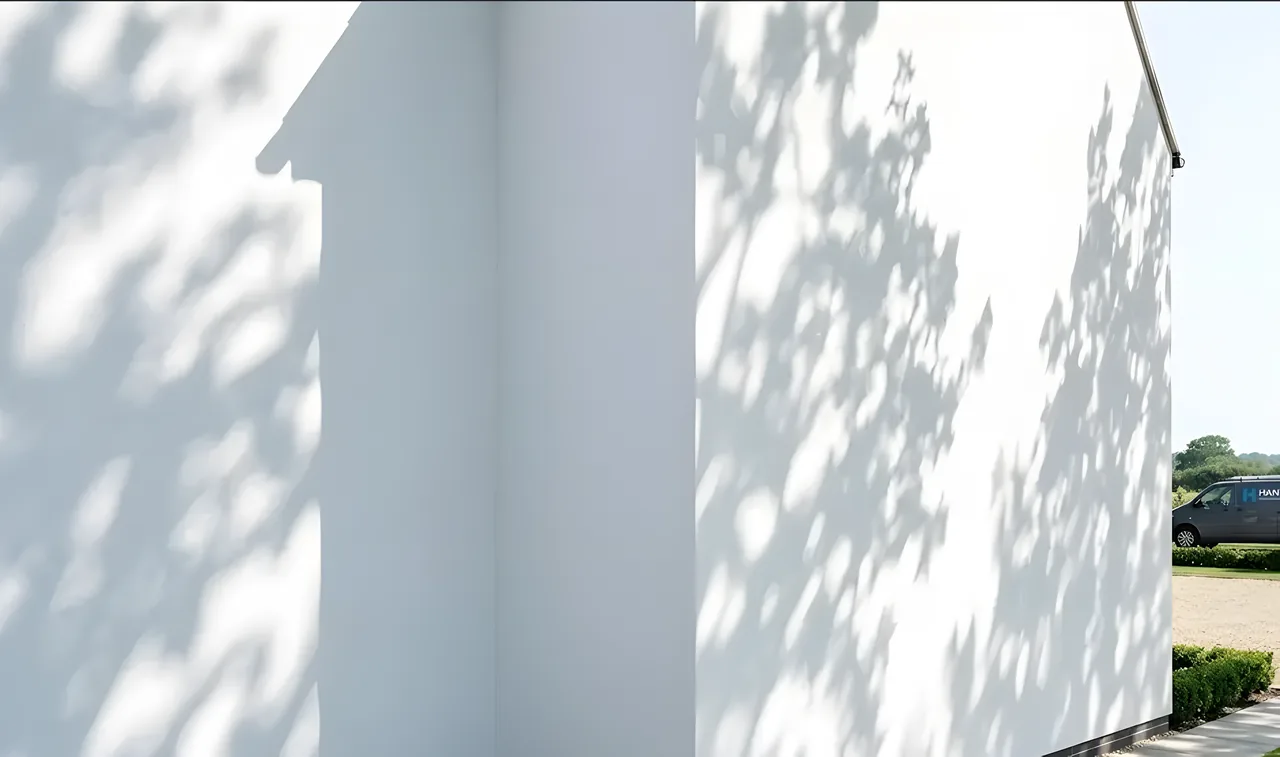 Smooth white rendered exterior wall in dappled sunlight Smooth white rendered exterior wall in dappled sunlight